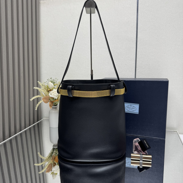 Pra*a buckle leather bucket bag with jeweled belt